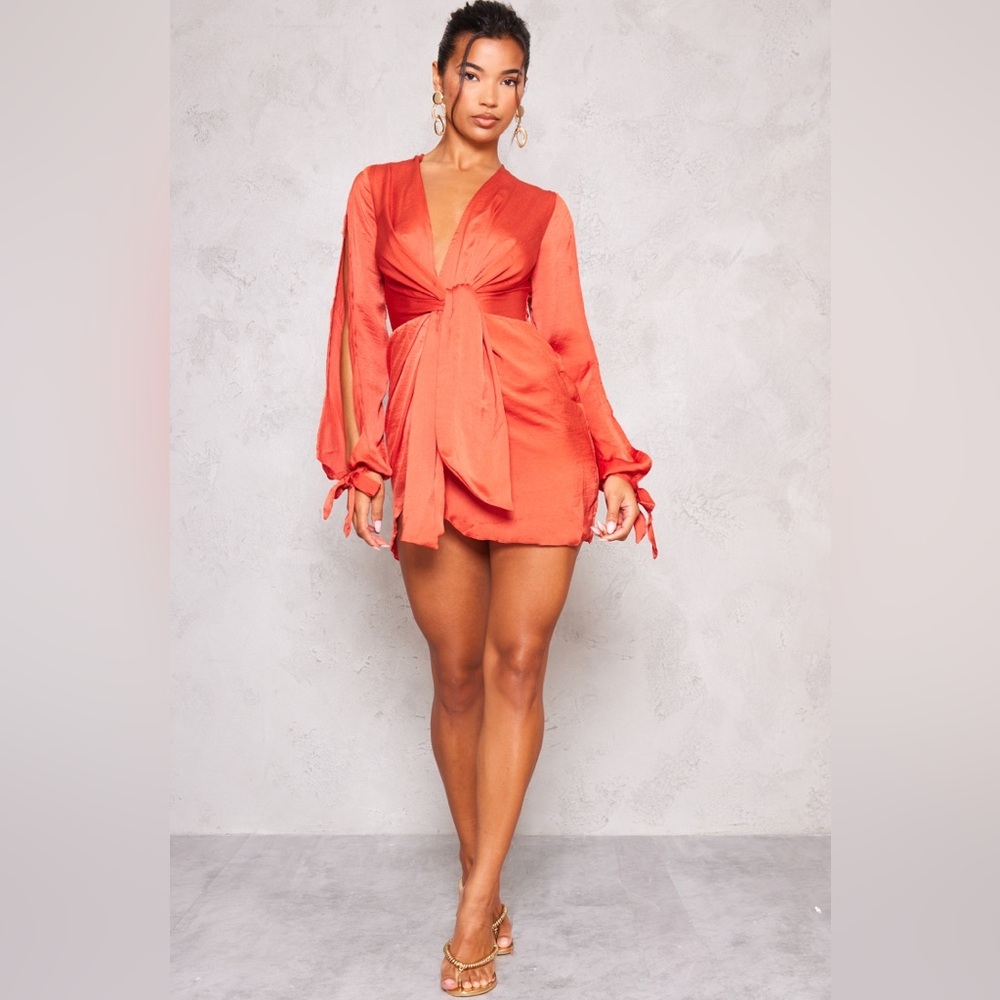 Rust Satin Twist Front Open Sleeve Wrap Dress